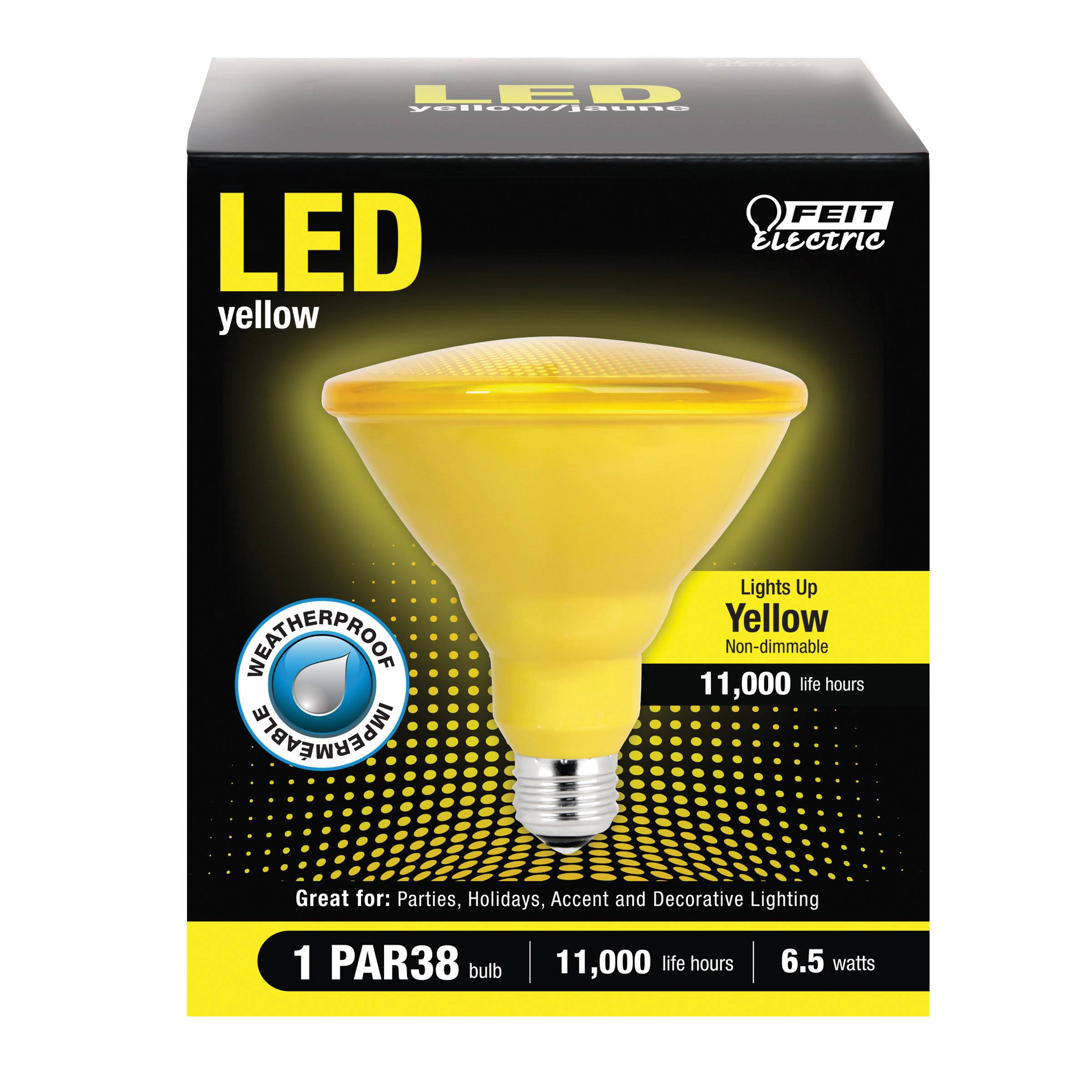 a98b4fbffbd88569d896c5a4a933914461837a5ab43a6a6370ac562aeb351365.jpg Feit Electric PAR38 LED Bulb Yellow 90W - Image 1