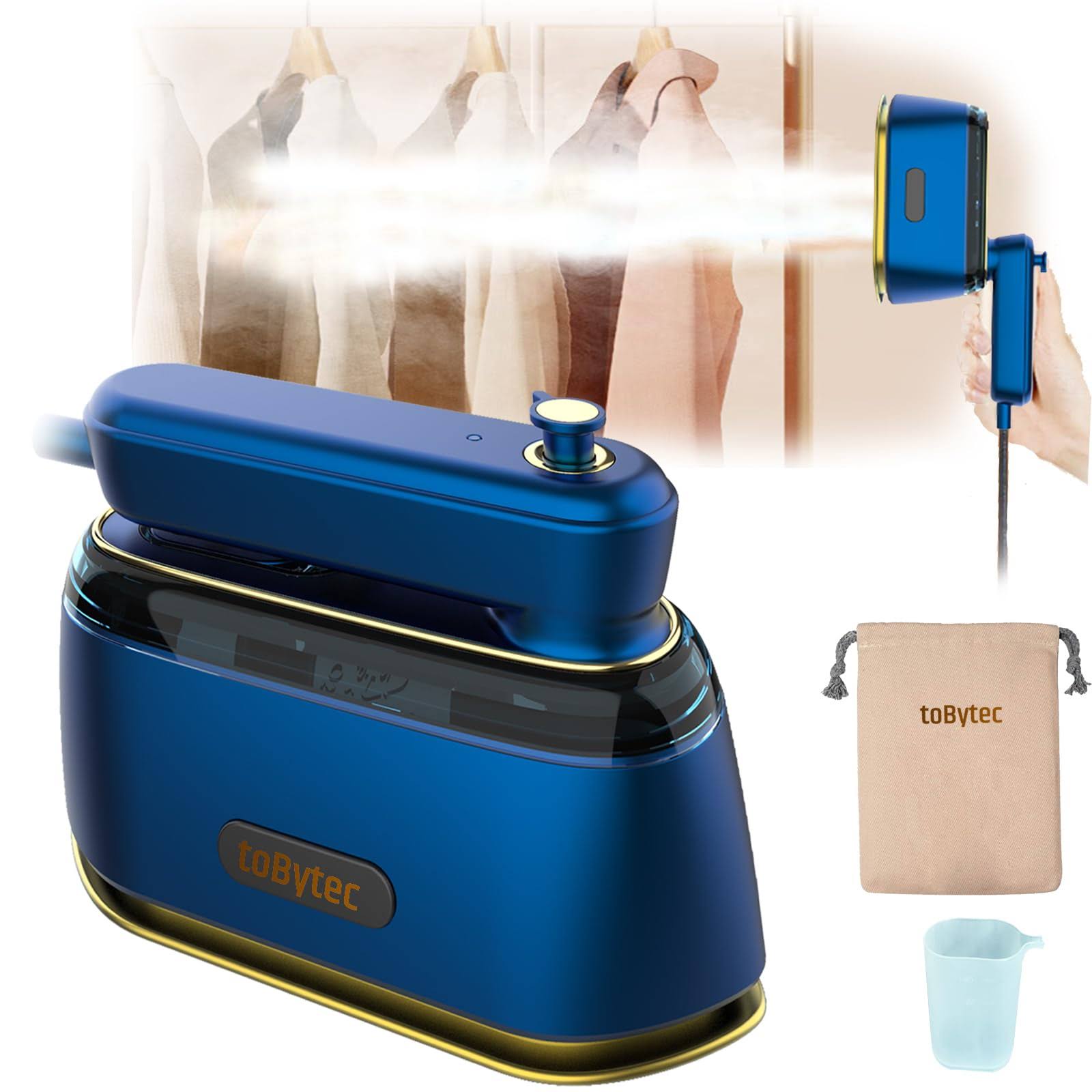 a98de43cd8c85422470866250c695368d1f15319e887e112a23ed3357bfe44f2.jpg Tobytec Portable Mini Steam Iron Hand Held Steamer for Clothes Dry and Wet Handheld Ironing All in One for Home with Storage Bag and Cup, 120V 1000W - Image 1