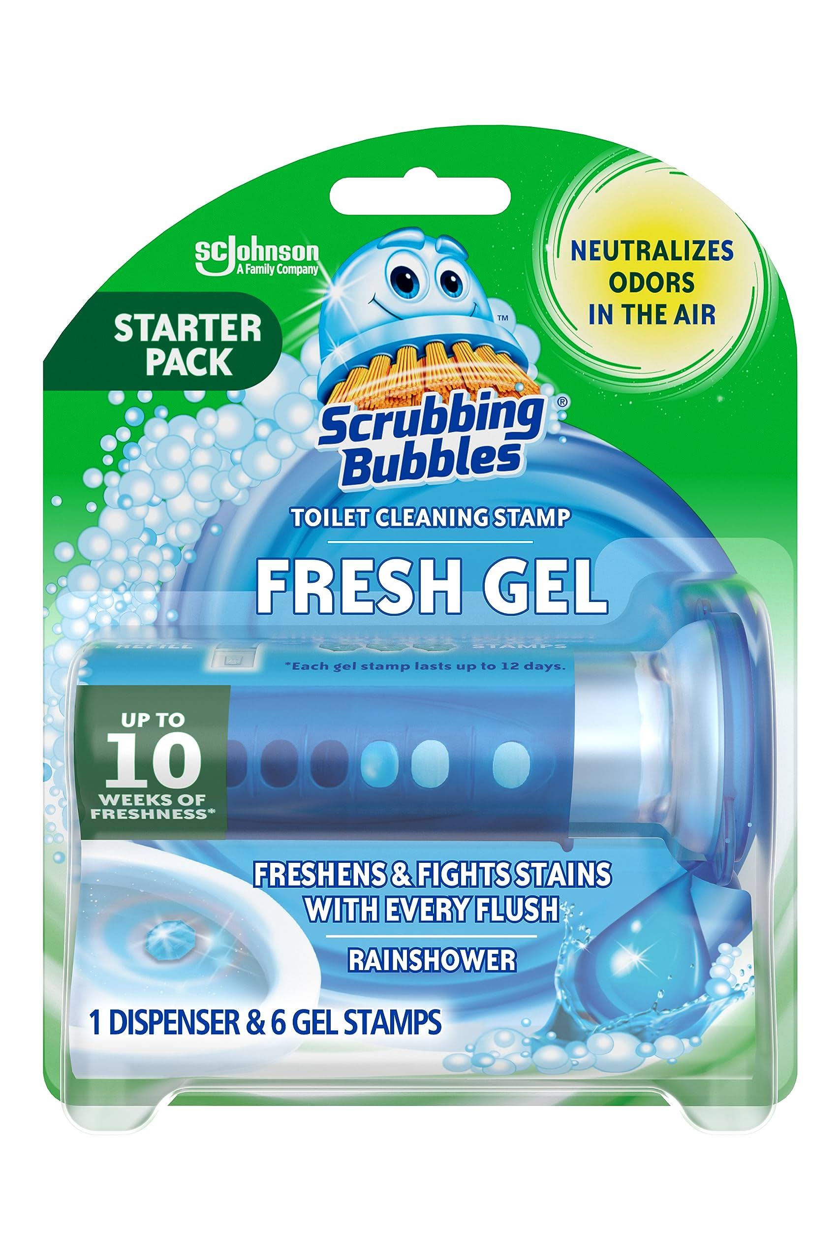 a998e79801dec26572d75a7373017726e72971dd57df73637ddd4ffbc5948b3a.jpg Scrubbing Bubbles Toilet Cleaning Stamp, Rainshower, Fresh Gel, Starter Pack - 1.34 oz - Image 1