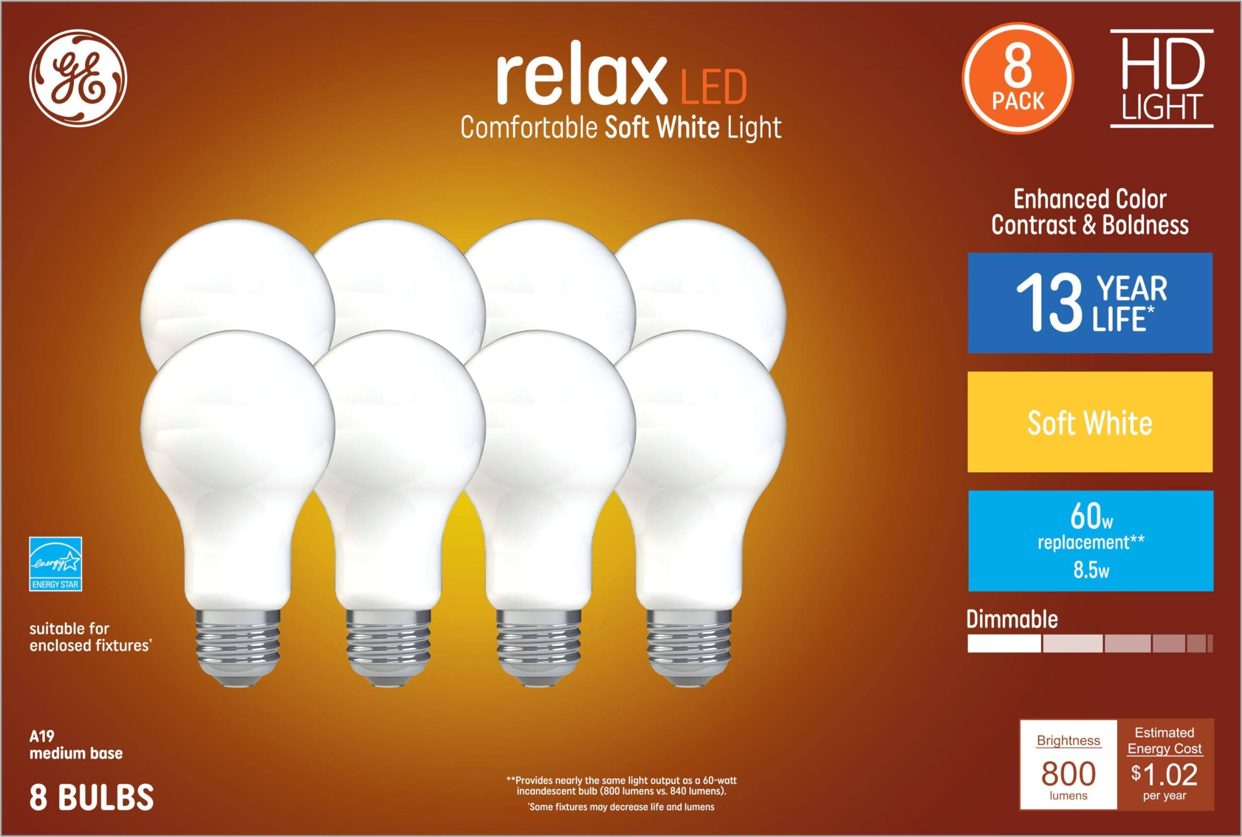 a9a302afa43c91fd21f09c693401487fc4dbcff079491172c08f64f44947a915.jpg GE Relax 8-Pack 60 W Equivalent Dimmable Warm White A19 LED Light Fixture Light Bulbs - Image 1