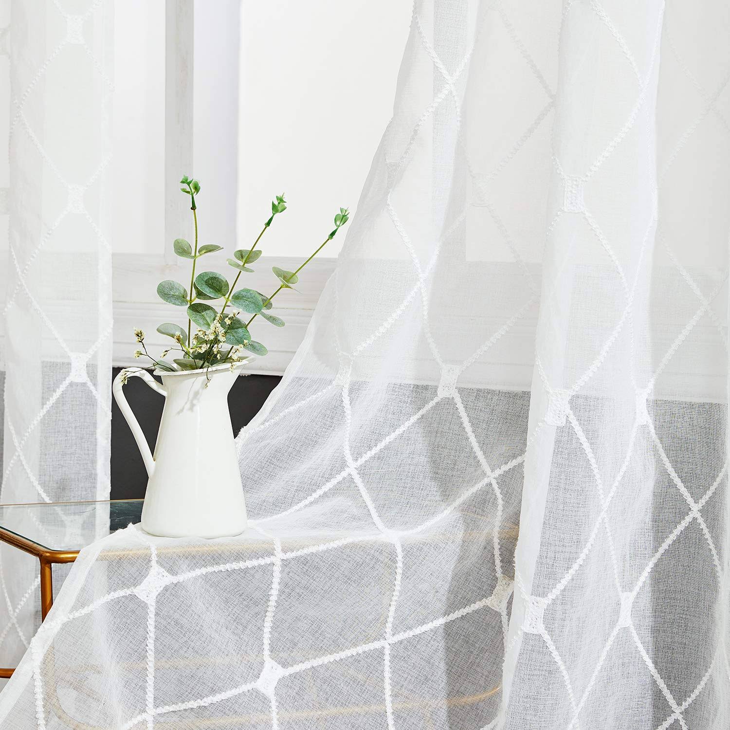 a9b9d552062253b70681be51e9c81f274e043c6d662382c9e8065e15bedc54f6.jpg Top Finel White Sheer Curtains 90 Inches Long Embroidered Diamond Grommet Window Curtains for Living Room Bedroom, 2 Panels - Image 1