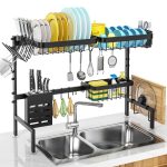 Over The Sink Dish Drying Rack, MERRYBOX 2-Tier Adjustable Length (25.6-33.5in), Stainless Steel Dish Drainer with Cutting Board Holder, Large Dish