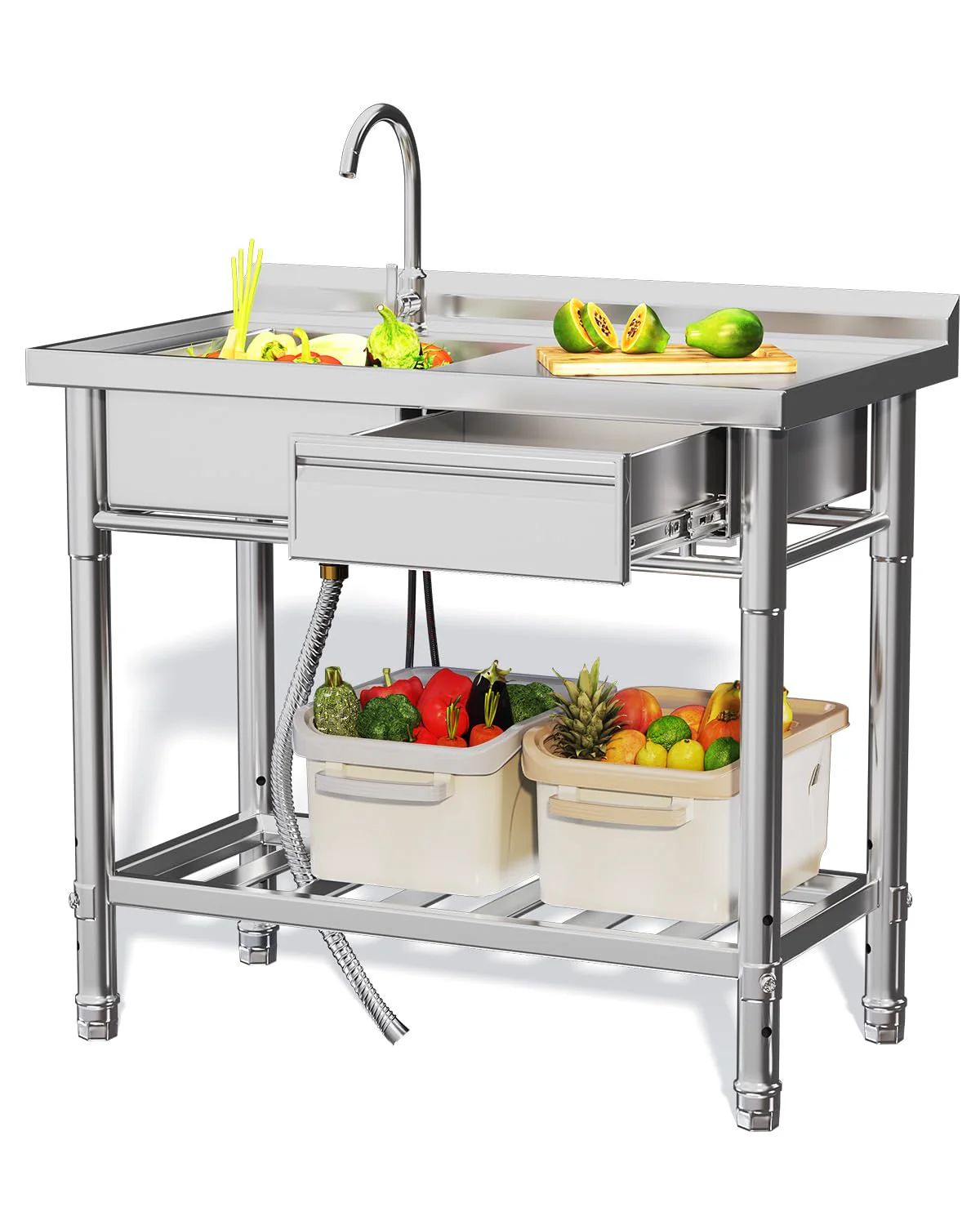 aa341c42964009677dd9b6a425f68f2587933070cb8368cf2c382cb8005f54a5.webp AECOJOY Stainless Steel Utility Sink, Free Standing Single Bowl Commercial Kitchen Sinks with Faucet - Image 1