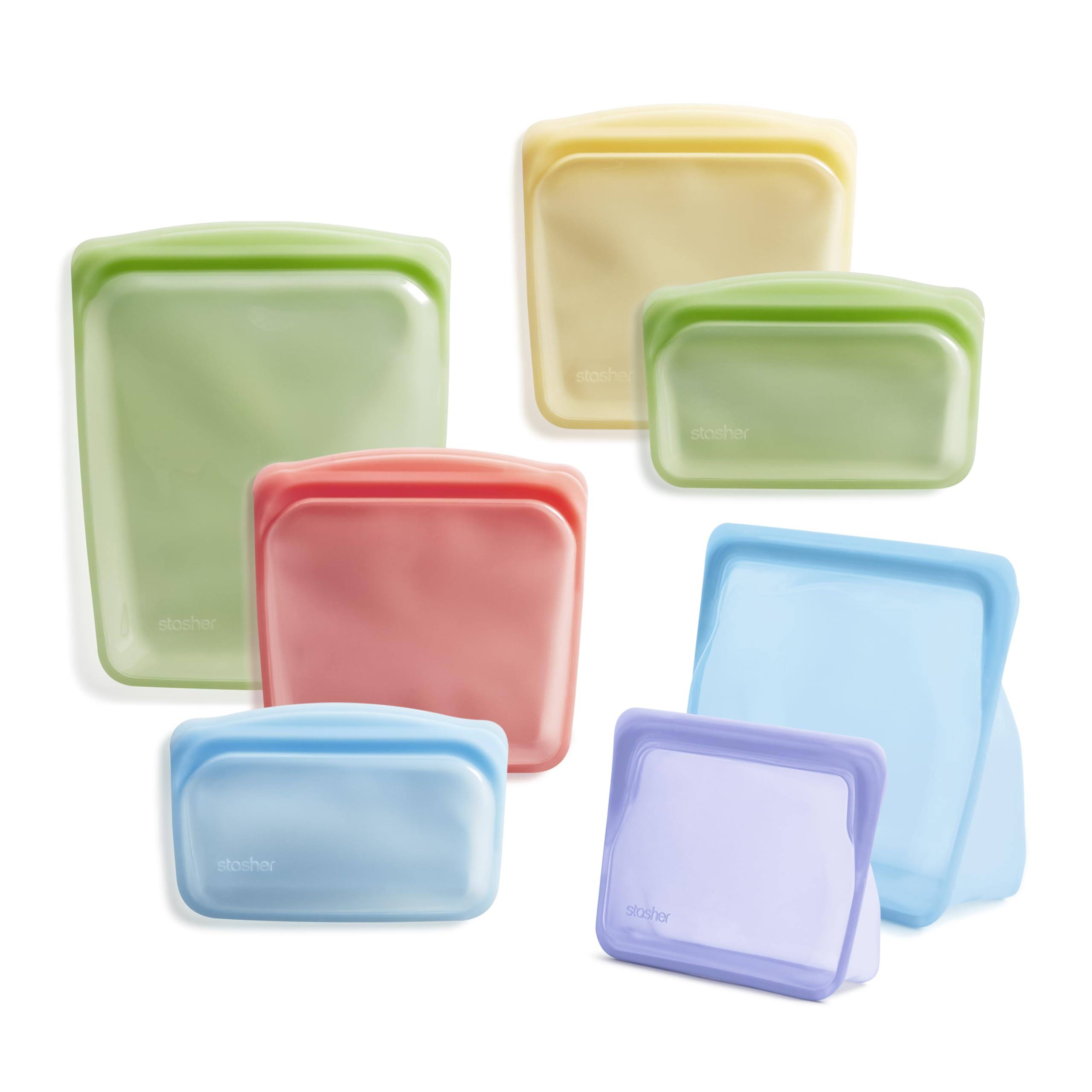 aa35536c23bfd620a3ab205c0cd048a6b633239ceb2e20bf774d7ca6af172998.jpg Stasher Reusable Silicone Storage Bag, Food Storage Container, Microwave and Dishwasher Safe, Leak-Free, Bundle 7-Pack, Rainbow - Image 1