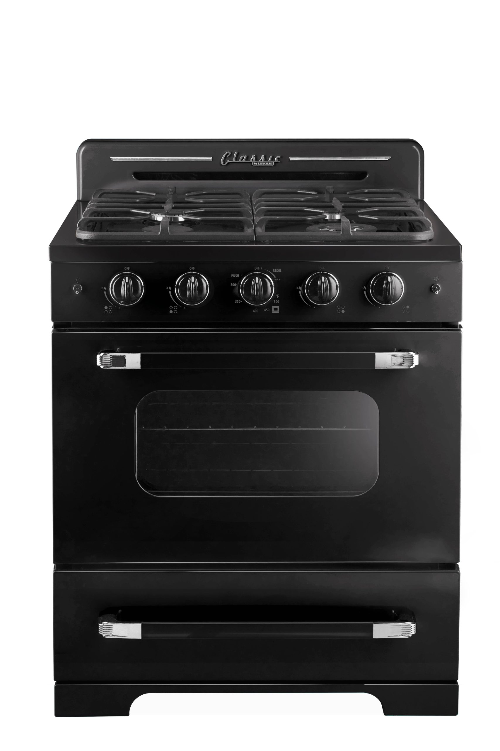 aa80215c90f9a5662aea33cf52d8755fdc8cb9a0a4eb455adb3ea3919d26d4b2.jpg Unique Appliances Classic Retro 30 inch Freestanding Gas Range with 4 Sealed Burners, 3.9 Cu. ft. Midnight Black - Image 1