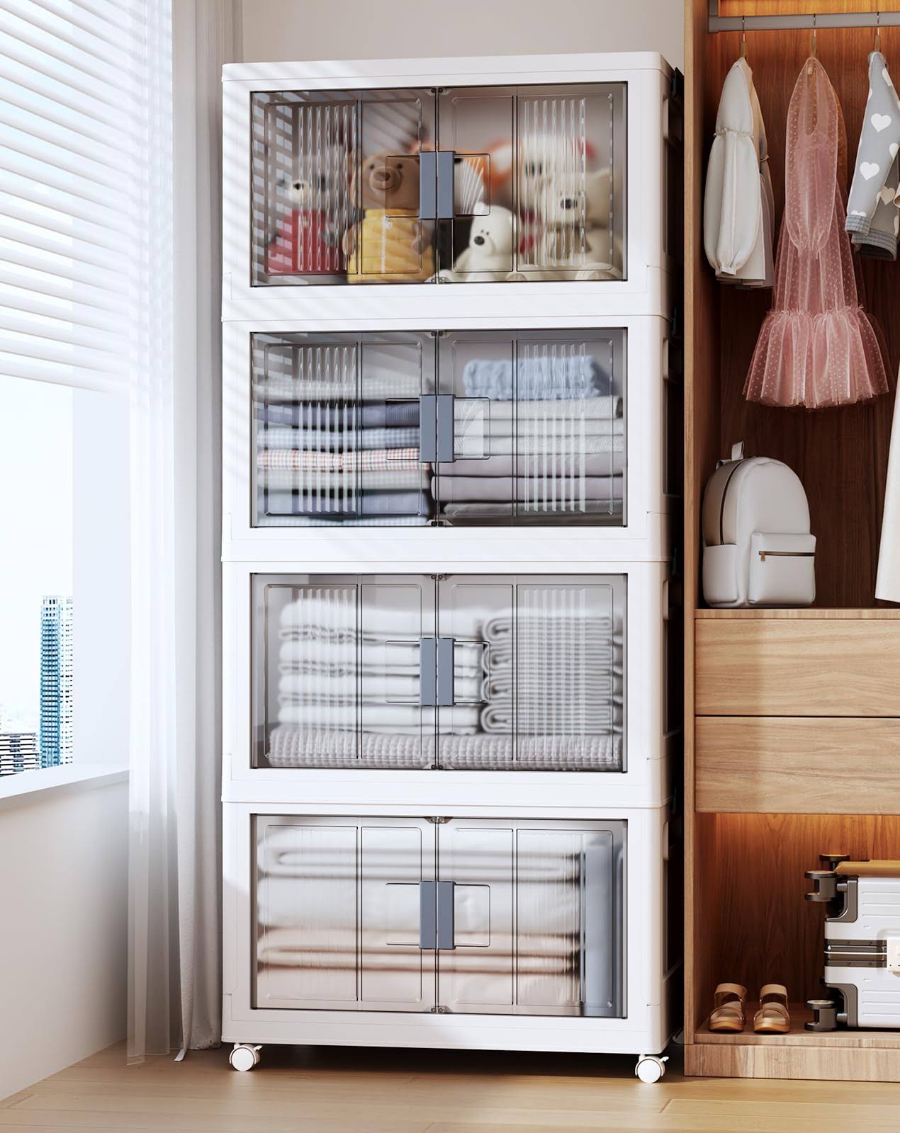 aa9f6829b3f1339577d22986967cc4e11162cd898579a9a5dbb5b711f1f71993.jpg OlarHike 74qt Storage Bins with Lids - Folding Storage Box with Doors and Wheels, Collapsible Plastic Storage Bins for Closets, Stackable Storage - Image 1