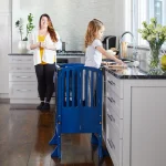Guidecraft Contemporary Kitchen Helper? Stool - Royal Navy: Folding Toddler Safety Tower with 2 Keepers and Non - Slip Mat, Adjustable Height Step Stool for Little Helpers, Kids Learning Furniture