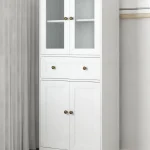 Ktaxon 64" Tall Bathroom Storage Cabinet Organizer, Freestanding Kitchen Pantry Cabinet Line Tower with 2 Glass Doors, Large Drawer & 4 Adjustable Shelves for Dining Room Living Room Home Office, White