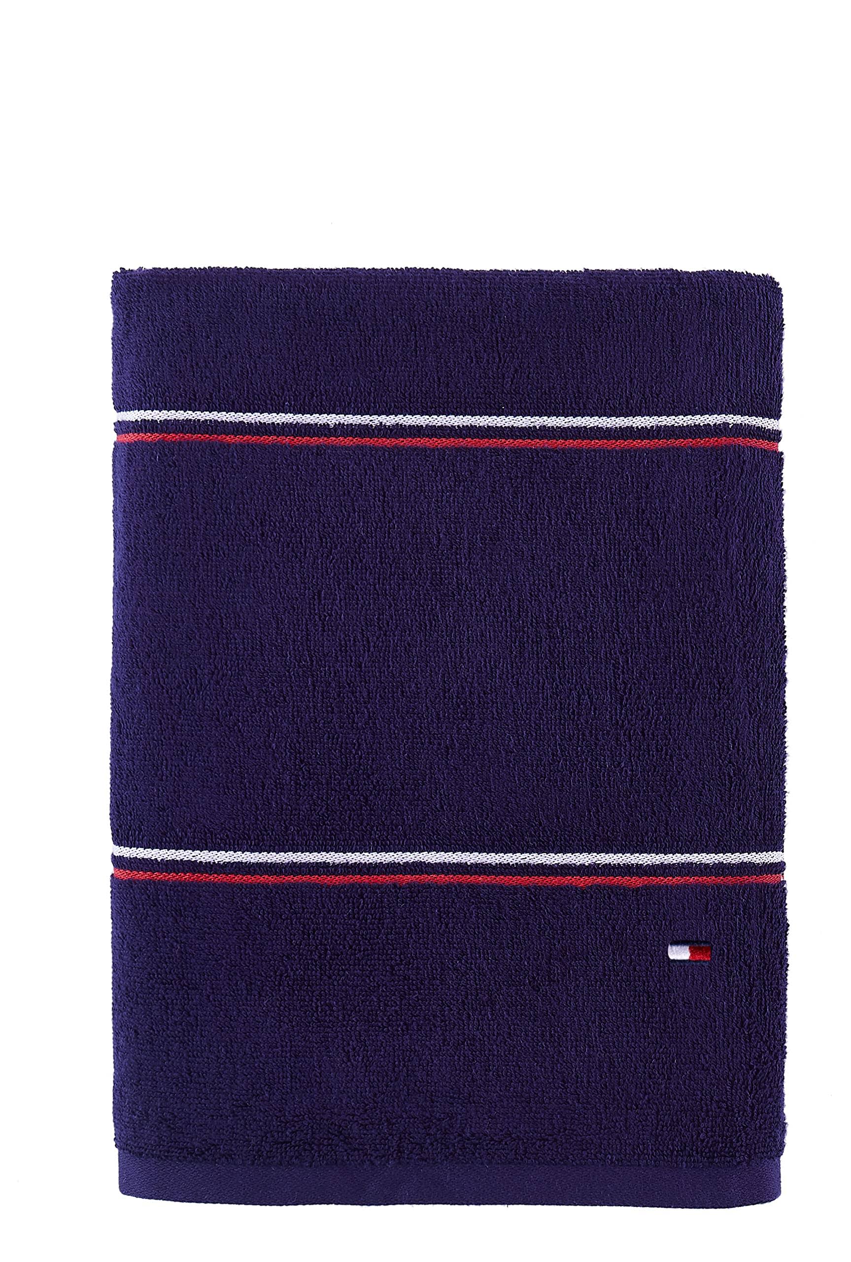 aae174bc6607f4f91d02cf9b4b0aefc4be4d1a93cfb68bc7c7a1a59b9ad83f0e.jpg Tommy Hilfiger Modern American Double Stripe Bath Towel, 30 x 54 Inches, 100% Cotton 574 GSM (Peacoat/Red/White) - Image 1