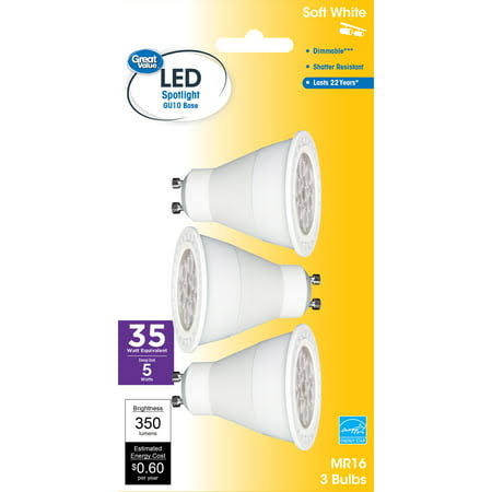 aae26120676ed75c64765708f3e05430b0f8b2c9b23d092571f479a02f7c863f.jpg Great Value LED Light Bulb, 5W (35W Equivalent) MR16 Lamp GU10 Base, Dimmable, Soft White, 3-Pack, Size: 3 Bulbs - Image 1