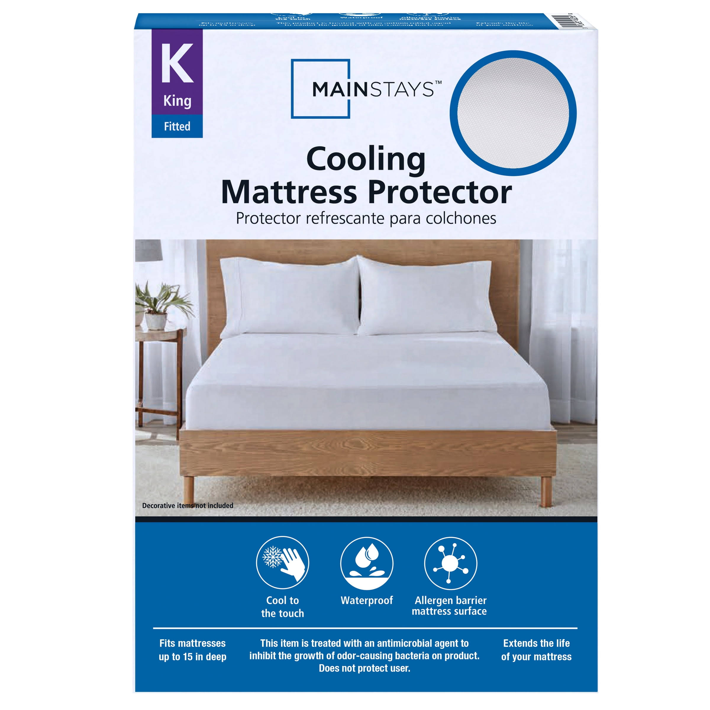ab1ddae59cb33d93a1a264acc91c2fe7169ef004cce1475956daa6e3cb437e6b.jpg Mainstays Cooling Waterproof Fitted Mattress Protector, King, White - Image 1