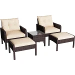 AECOJOY Outdoor 5 Pieces Patio Furniture Set, PE Rattan Wicker Chairs with Ottoman and Table, Brown/Beige