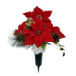 Mainstays 18 inch Artificial Floral in Solid Green Cemetery Vase, Polyester Red Poinsettia Gold Berry.
