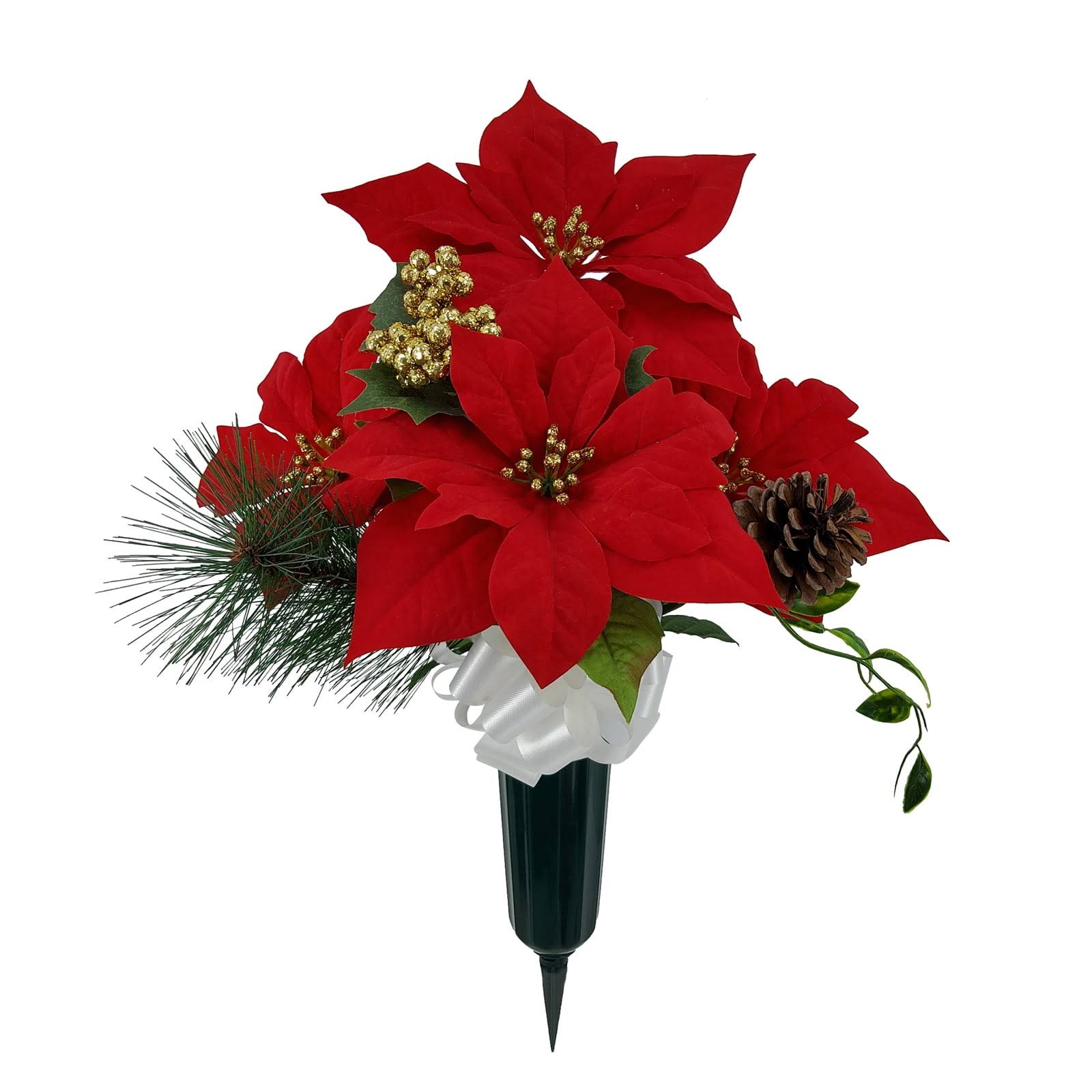 ab48968b265de12c6e7ed953f1c12b5bd11d248f3fd113891fda5634acbd3a0d.jpg Mainstays 18 inch Artificial Floral in Solid Green Cemetery Vase, Polyester Red Poinsettia Gold Berry. - Image 1