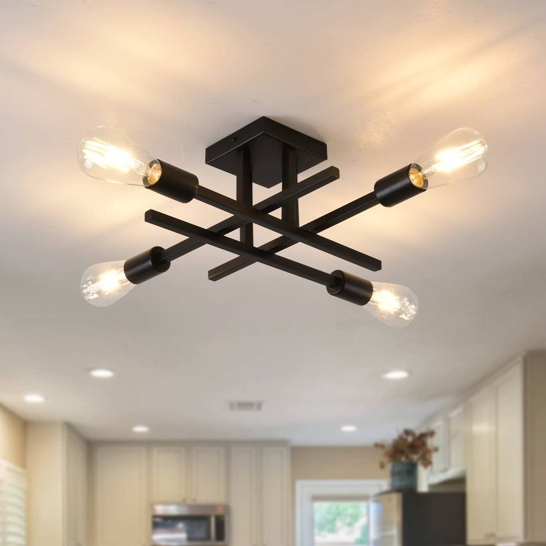ab4efdf6a6aeb28db57c4c5b1f5b1cd99a28ea2fa66ab67cb0a09b4c35831f6e.jpg Doraelia Dimmable Sputnik Modern Linear Chandelier Semi Flush Mount Ceiling 4 Light Fixtures George Oliver Finish: Black - Image 1
