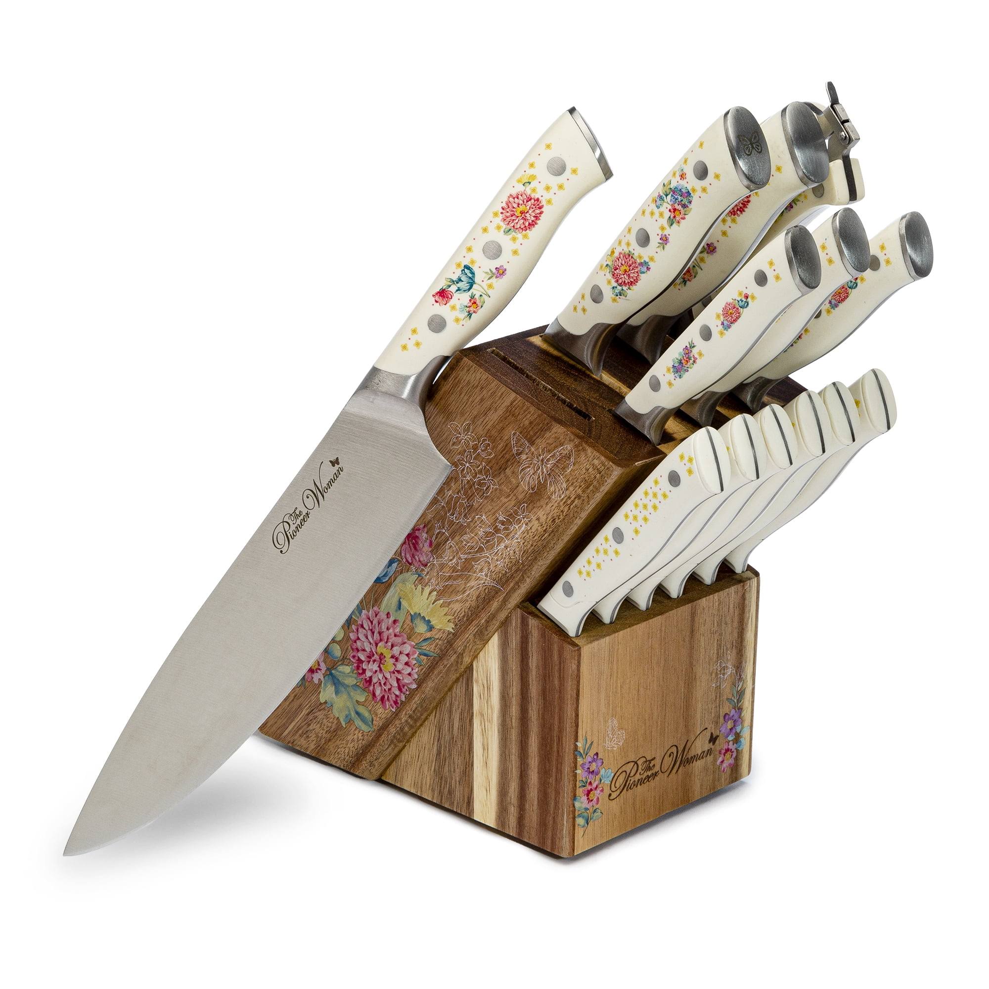 ab5fb4b6e453ef2111bddb5f76bef8c8defcaa05478b4afb7a1efc3112ba6f53-1.jpg The Pioneer Woman Pioneer Signature 14-Piece Stainless Steel Knife Block Set, Floral - Image 1