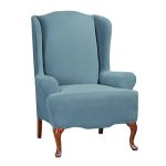 Stretch Morgan 1-Piece Wing Chair Furniture Cover, Storm Blue