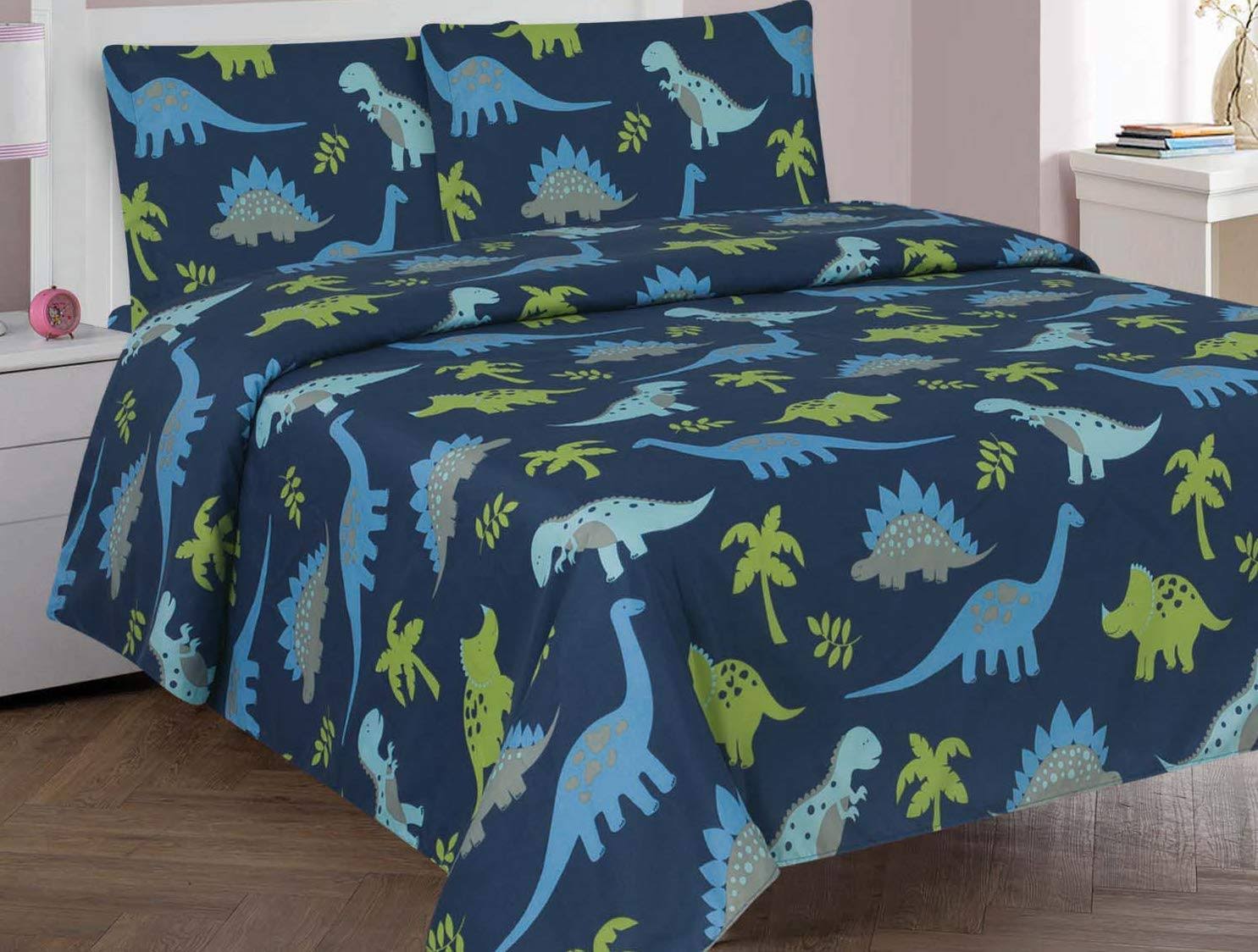 ab9f3b75a9a1a0d72c087671725b36b187af04642d0debfdf134796f35f9367e.jpg Golden Linens 4 Pieces Full Size Printed Modern Designs Kids Sheets Bed Cover with Pillow Cases (Dinosaur) - Image 1