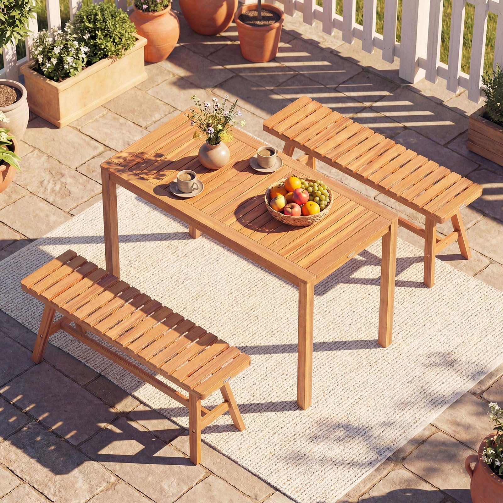 abfe1be81f0d44fea33fab1ad3bd6c3dfac47d1311ebb74b6f8b236b80e704a8.jpg 3 Pieces Acacia Wood Patio Dining Set Outdoor Rectangular Table and Benches with Slatted Seats - Image 1