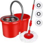 Spin Mop and Bucket with Wringer Set, 360�� Spinning Mop Bucket System with 3 Microfiber Mop Replacement Heads and 61" Stainless Steel Adjustable