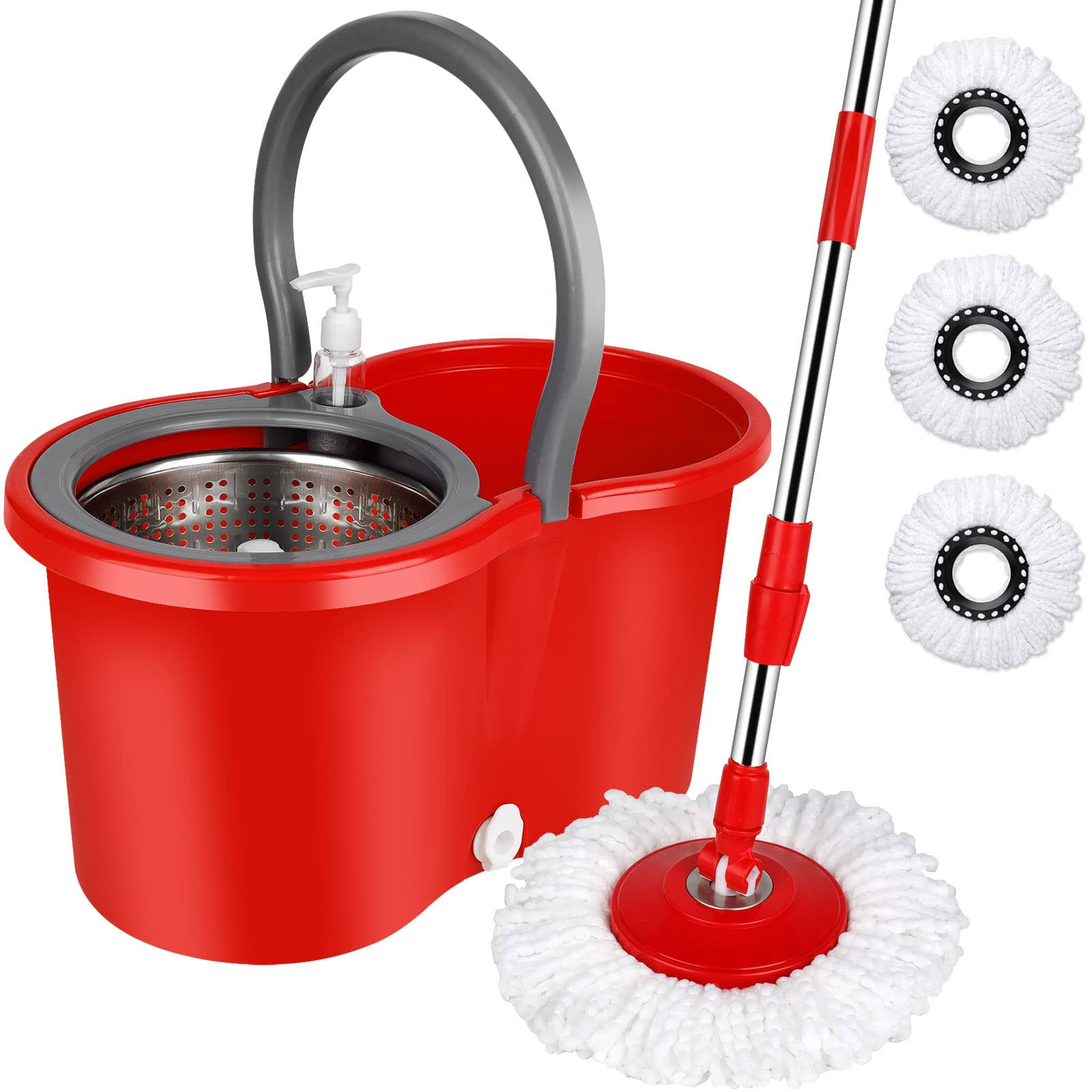 ac0f3d8b25815cc4ff81bb7cfc44b64ccd26d0b024974f0f67fac4ebe477cb68.jpg Spin Mop and Bucket with Wringer Set, 360�� Spinning Mop Bucket System with 3 Microfiber Mop Replacement Heads and 61" Stainless Steel Adjustable - Image 1