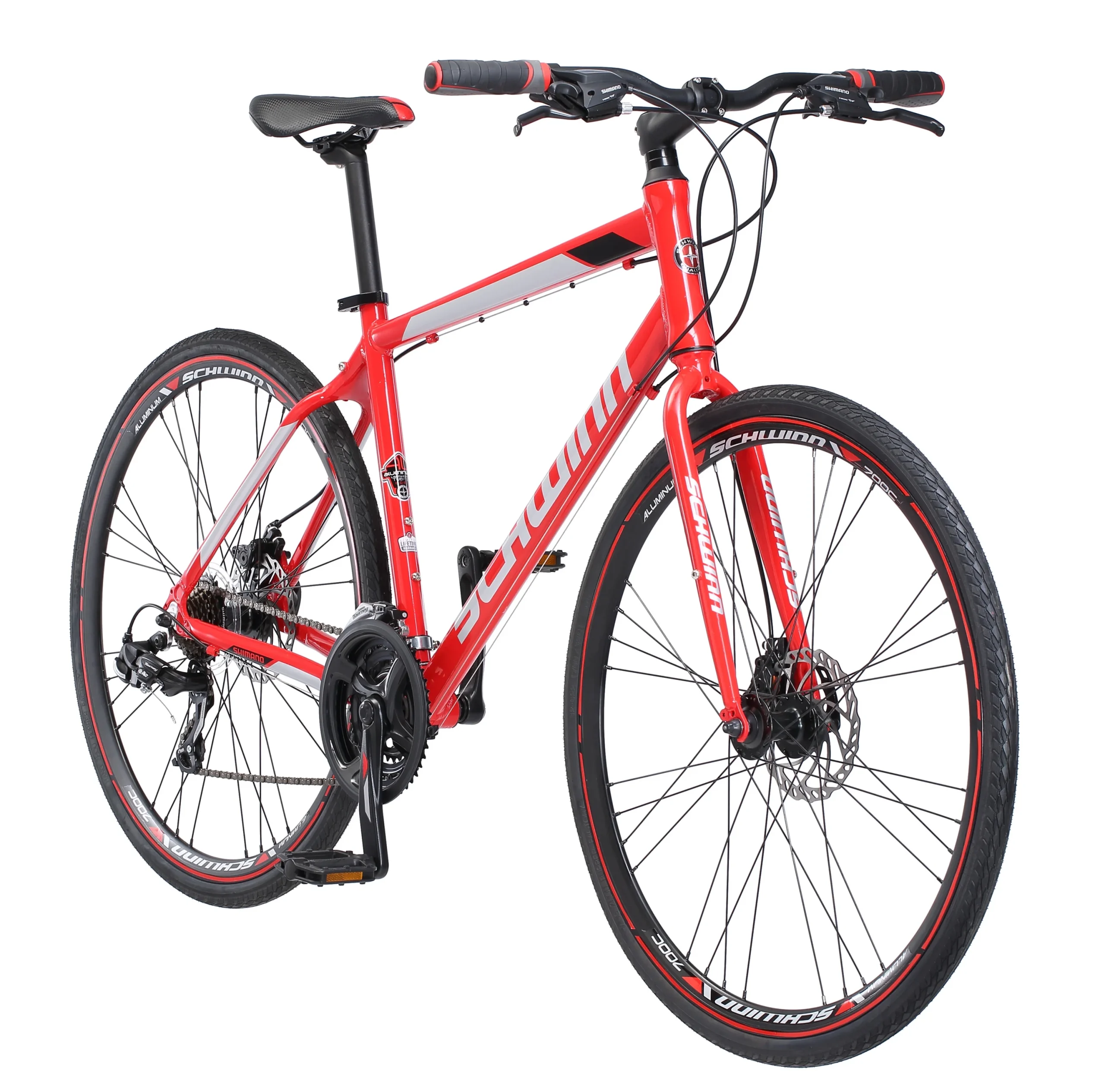 ac1b73a9fe7c131941c5f6ec75ee75b4b9a27c4e56f6ade353d039e31cf395a8.webp Kempo Hybrid Bike, 700c Wheels, 21 Speeds, Mens Frame, Red - Image 1