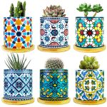 Ascrafter 6 Pack Mandala Succulent Plant Pot with Bamboo Trays, Ceramic Multicolored Succulent Container Planter Pot for Small Plant
