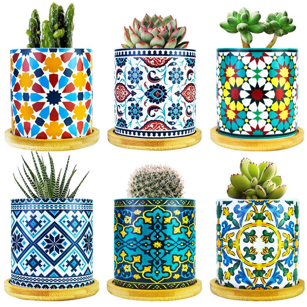 ac994ba837df110d106813fbe23ca921fcd1736fa71b0d877e7ec10a2ede7d9b.jpg Ascrafter 6 Pack Mandala Succulent Plant Pot with Bamboo Trays, Ceramic Multicolored Succulent Container Planter Pot for Small Plant - Image 1
