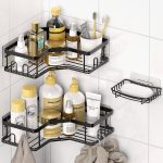 MAXIFFE Corner Stainless Steel Shower Caddy, 3-Pack Adhesive Shower Organizer with 8 Hooks, Corner Shower Storage Shelf, Black