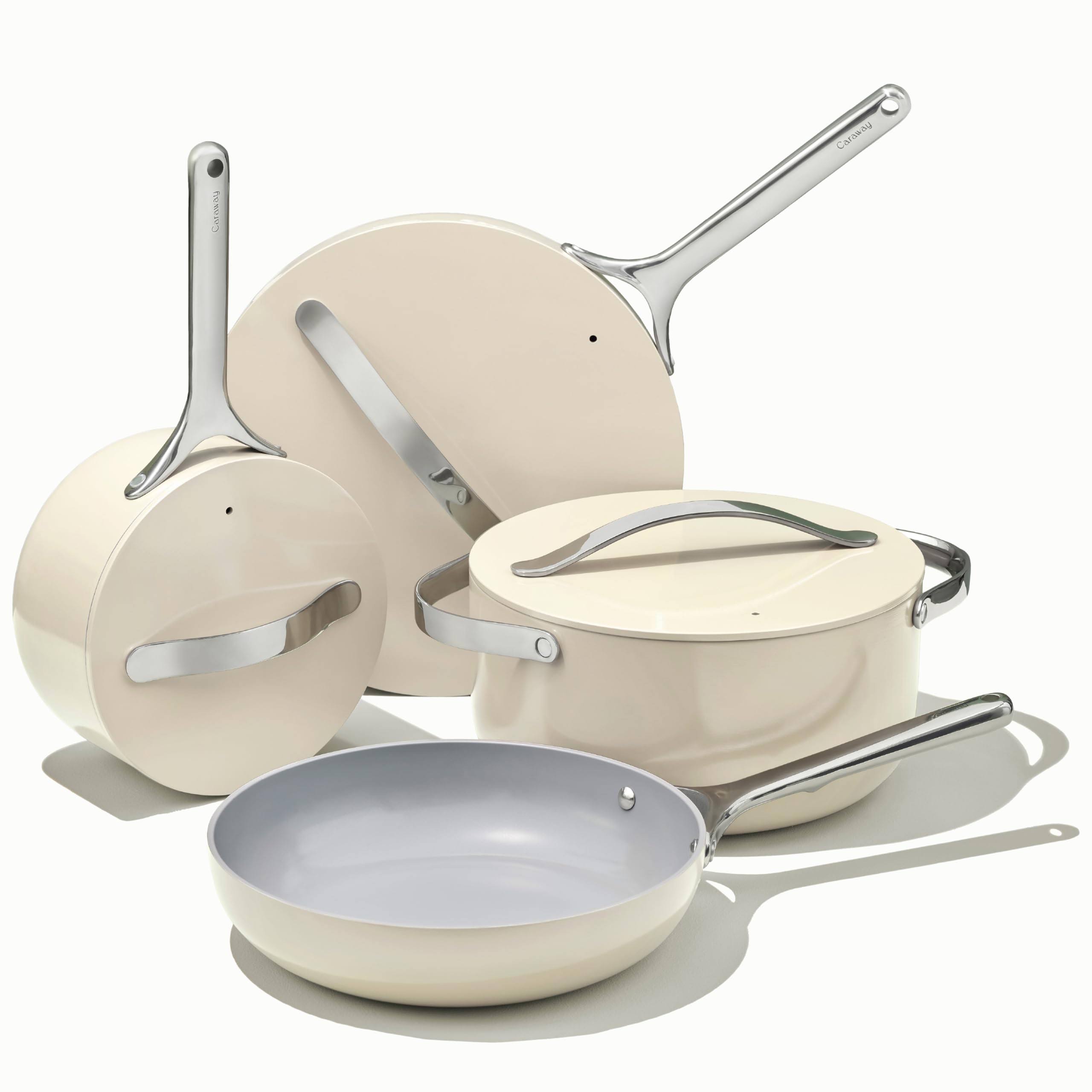 acd324f4dff2e8f19fd7a21e1e502d25cfd83af4291c528e164fbfcada47dbfd.jpg Caraway Non-Stick Ceramic 7 Piece Cookware Set - Cream - Image 1
