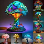 Mmoneyake Painting Mushroom Table Lamp, 5.9 inch Hight Stained Plant Series Night Light, Bohemian Resin Mushroom Decorative Bedside Lamp for Bedroom