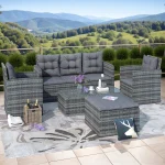 5 Piece Patio Furniture Sets, Outdoor Conversation Sets with Glass Coffee Table, Wicker Rattan Sectional Sofa Couch with Storage Bench, Ottomans & Cushions for Garden, Pool, Backyard, Gray