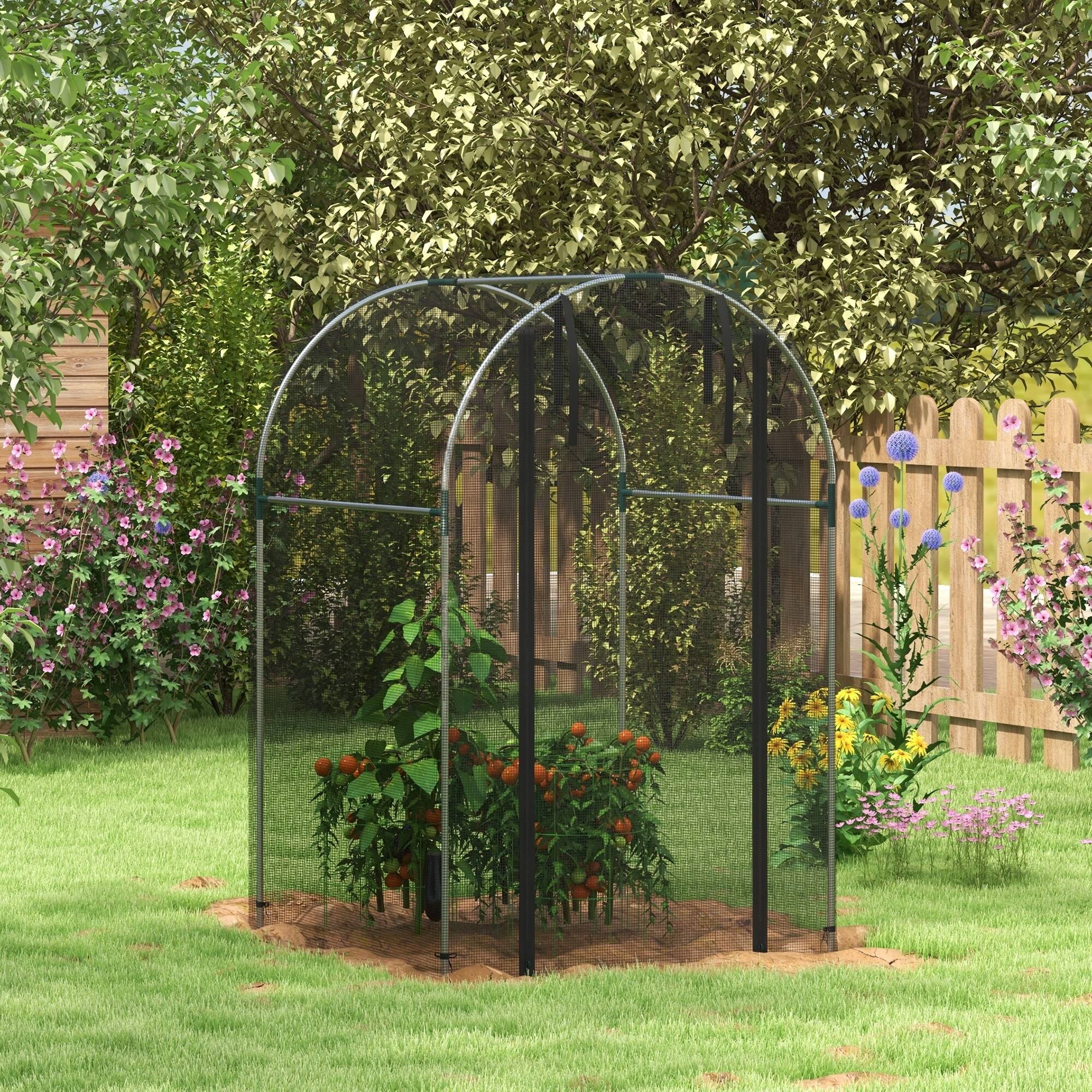ad46b5ed769cacd25c83b6318701d701b8429760e386aef39e16157ad904846b.jpg Outsunny 4' x 4' Plant Protection Tent Crop Cage with Zippered Door for Plants, Herbs, Fruits, Black - Image 1
