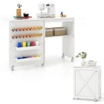 Folding Sewing Table, Farmhouse Sewing Machine Cabinet w/ Barn Door, 18 Pegs & 2 Trays, Rolling Craft Station Side Desk w/ Lockable Wheels