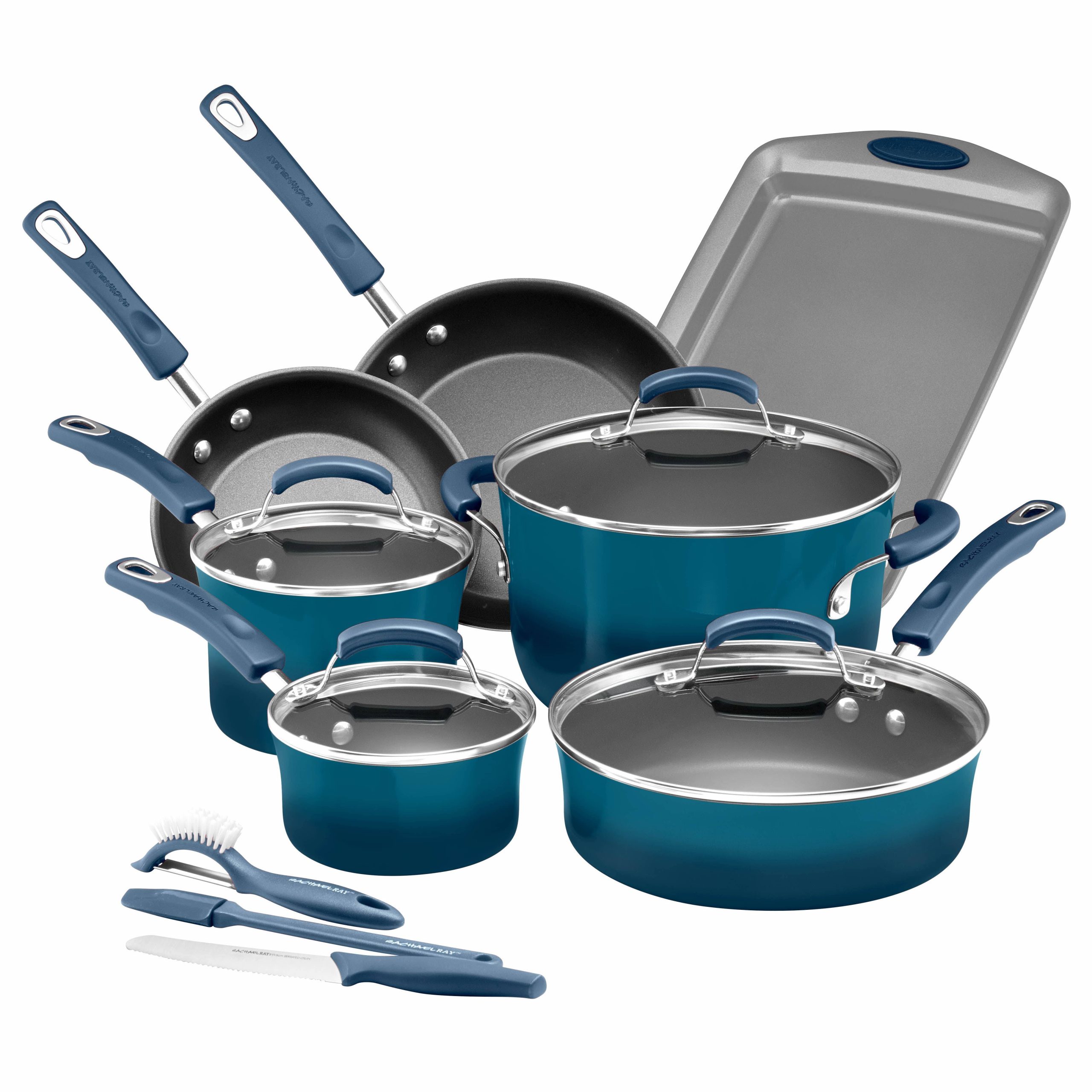 ae844eff3360f4073b6f1fff93de4ae9b5695aa4bfe80f74cd93c29336465cd4.jpg Rachael Ray 14 Piece Hard Enamel Nonstick Cookware Set, Marine Blue - Image 1