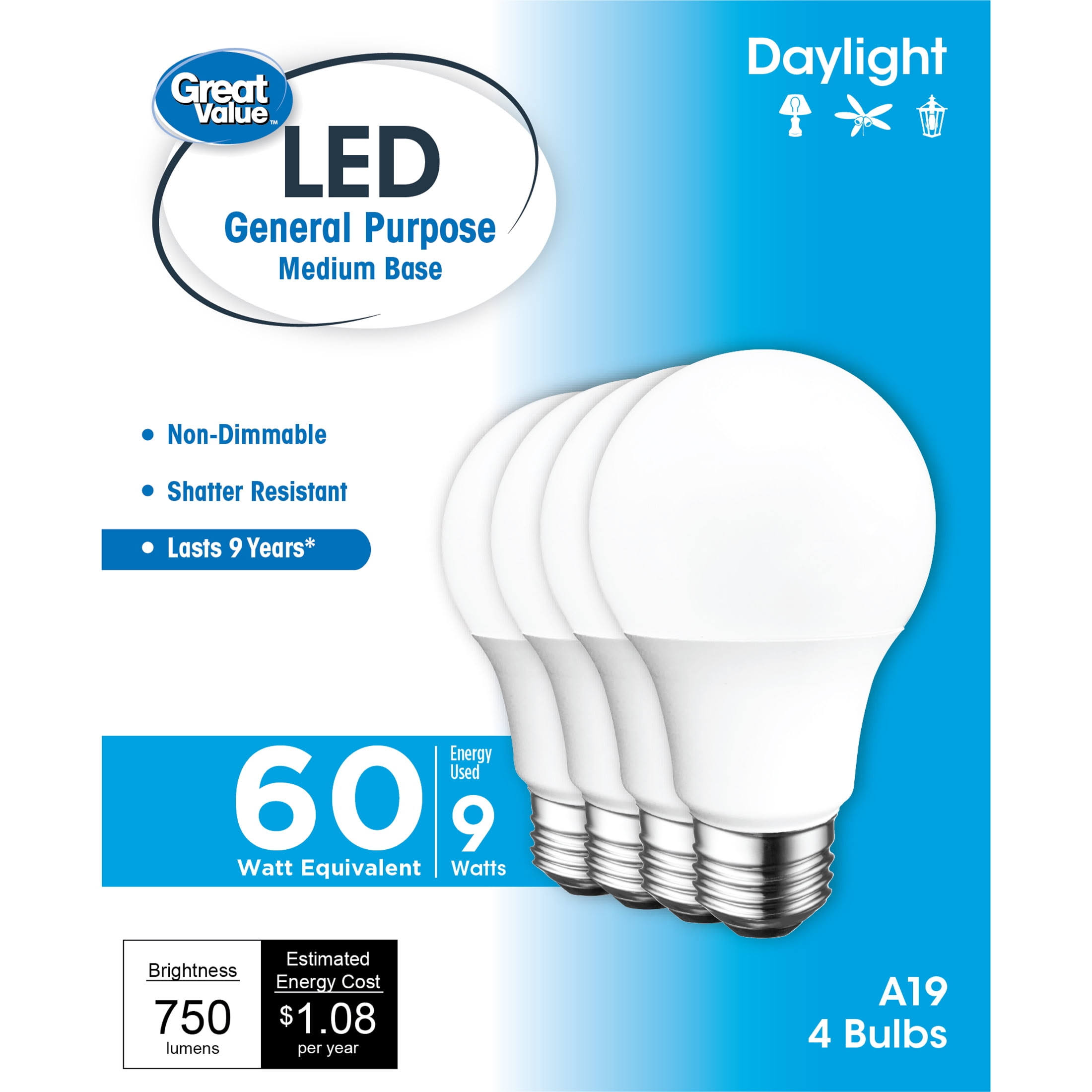 aea4f2072418337e26b535036d8a66cceb227c0ca1d7373376b2acb58a654590.jpg Great Value LED Light Bulb, 9W (60W Equivalent) A19 General Purpose Lamp E26 Medium Base, Non-Dimmable, Daylight, 4-Pack - Image 1
