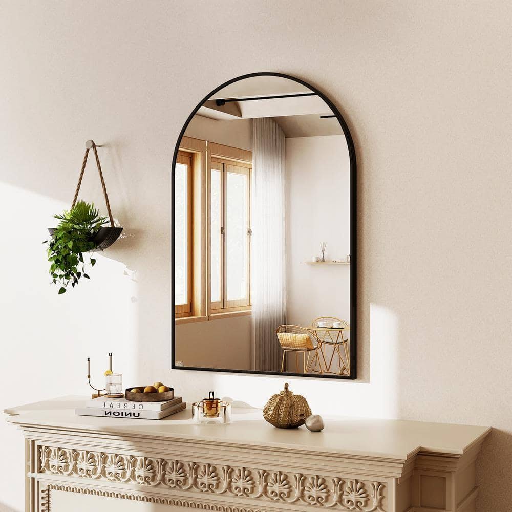 af0802e8349115809f498b6bd71b3d6e16c5f0c4b3673aadcf926d488977d893.jpg Arched Black Aluminum Alloy Framed Wall Mirror BACSC2638-BLACK - Image 1