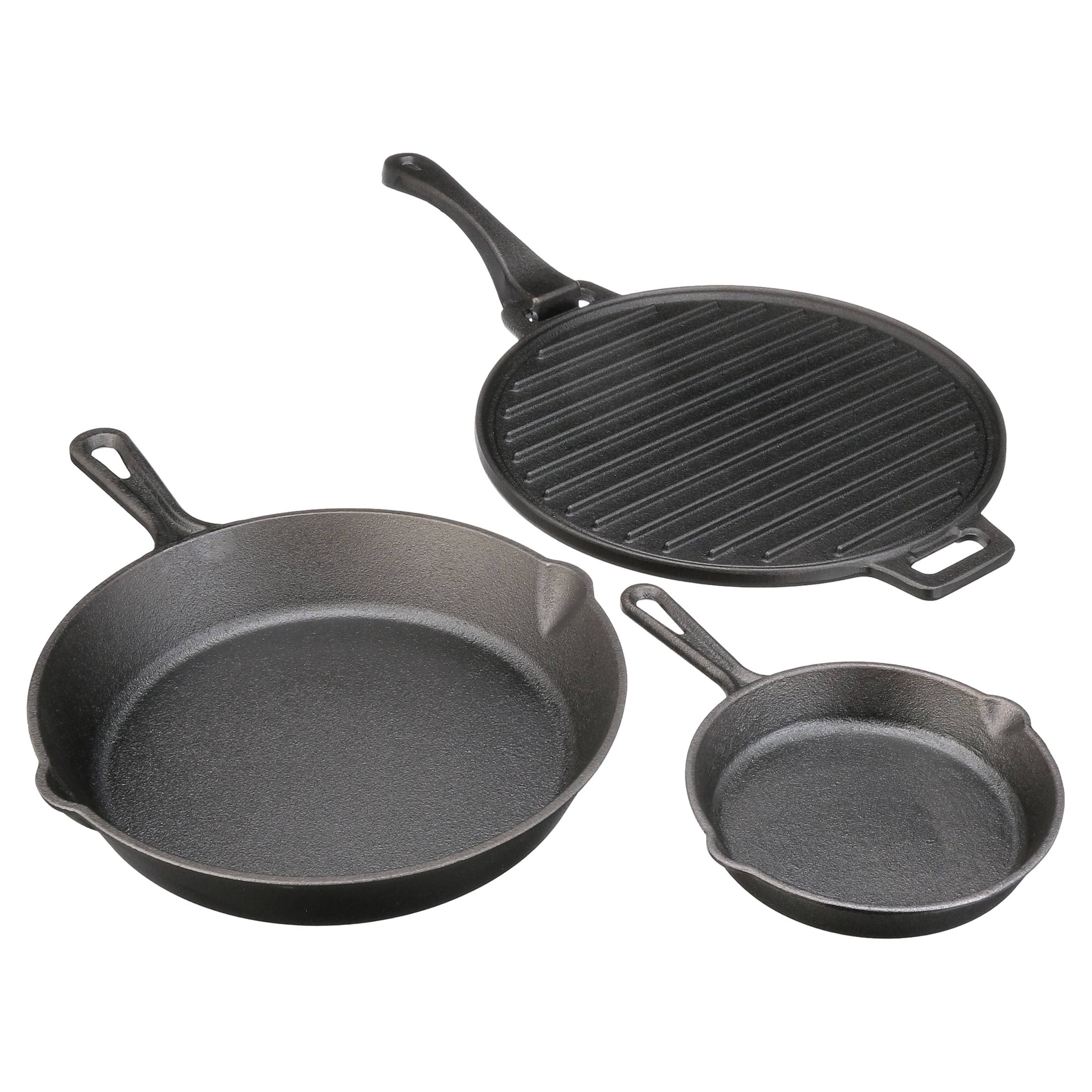 afa083aab7c341f8fd158a34ef4a8c5b41802087f8305f8f9fae744d1819e2d1.jpg Ozark Trail 4-Piece Cast Iron Skillet Set with Handles and Griddle, Pre-Seasoned, 6 inch, 10.5 inch, 11 inch, Size: 6 inch,_10.5 inch,_11 inch - Image 1