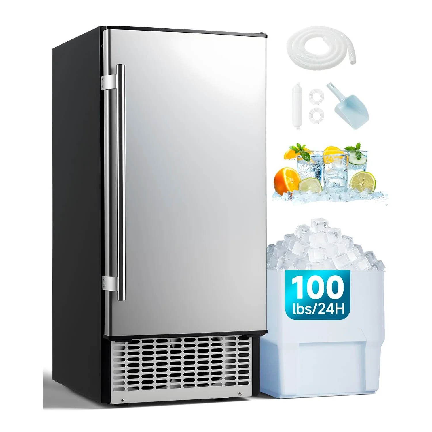 afb1c59fea0a6edad4b17b3629fd5799360d13e2919e42614e74186e59d1c19d.webp AECOJOY 15''W Commercial Ice Maker 100 lbs/24H, Stainless Steel Under Counter Ice Machine with 30 lbs Storage Bin - Image 1