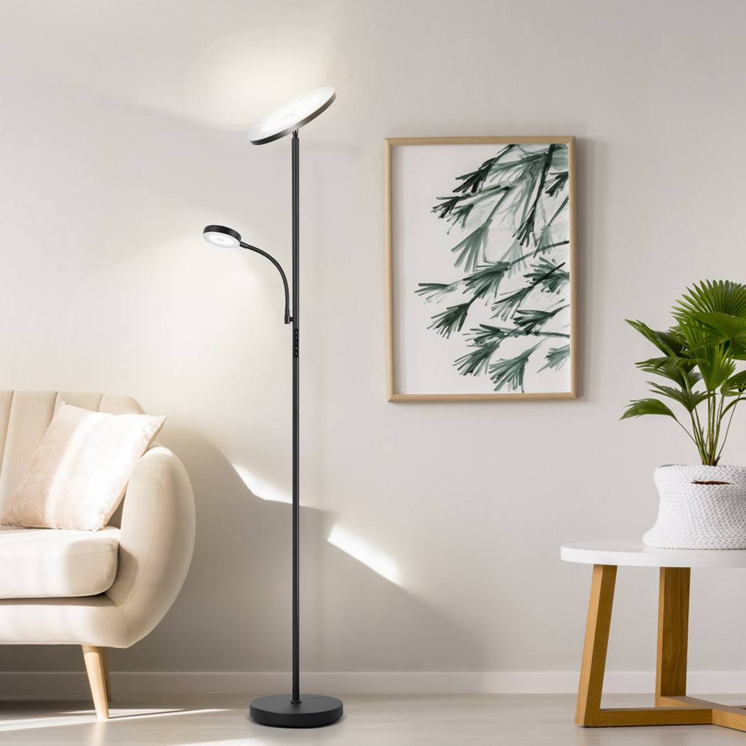 b0055e140f5fd761ca52c04878d8422f28543398c22395cff98d352e0149193c.jpg Jernell 70" LED Torchiere & Reading Floor Lamp with Remote Control Latitude Run Base Finish: Black - Image 1