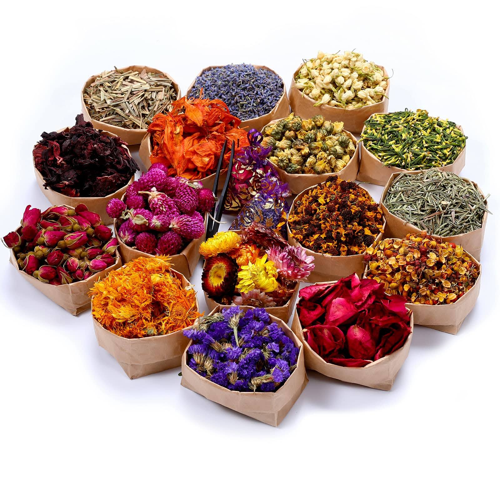 b059ee9aaea669737d1b265de79786da1ec15f516c7139216aeb4430d09e31c4.jpg SACATR 16 Bags Dried Flowers,100% Natural Dried Flowers Herbs Kit for Soap Making, DIY Candle Making,Bath - Include Rose Petals,Lavender,Don't Forget - Image 1