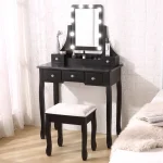 VEANERWOOD Makeup Vanity Table with 10 LED Lights, Lighted Mirror Vanity Desk with Cushioned Stool Set, 5 Drawers and 2 Shelves, Bedroom Dressing Vanity, Luxurious, Black