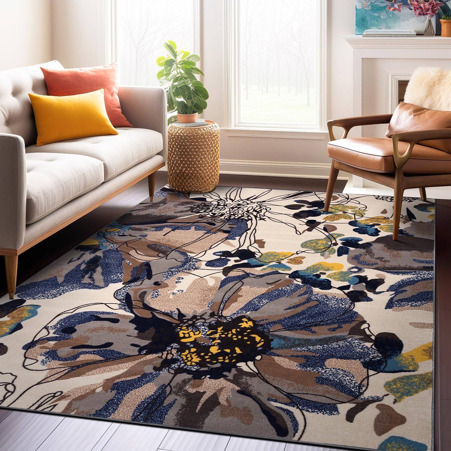 b1111c9af4a2b8dccd656ea4c0a6ad5dca1020a38865d51b20fcbb47de4132fa.jpg Rugshop Modern Bright Flowers Non-Slip Area Rug 6' 6" x 9' Cream - Image 1