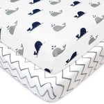 American Baby Company Printed 100% Natural Cotton Jersey Knit Fitted PortableMini-crib Sheet, Navy Whalegrey Zigzag, Soft Breath