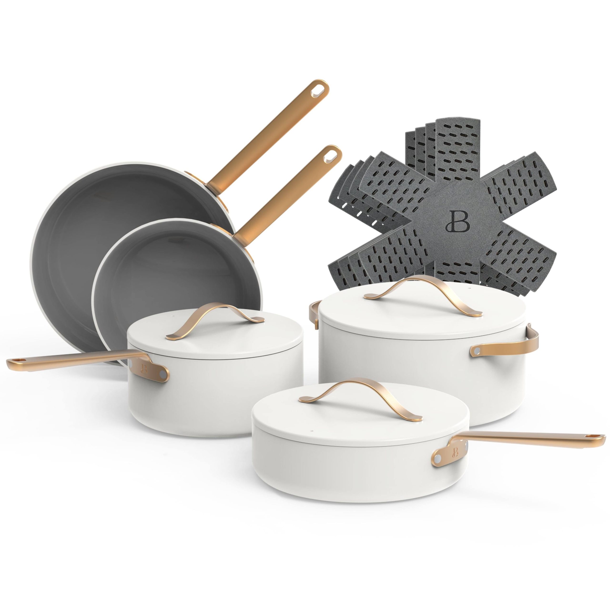 b1749fabb1dd8df92f5e4db3e8ce2a78189d65337caac9e557b2d0dda617d14b.jpg Beautiful 12pc Ceramic Non-Stick Cookware Set, White Icing by Drew Barrymore - Image 1