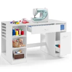 53" Artwork Sewing Craft Table Sewing Station Desk, Multipurpose Sewing Machine Cabinet with Drawers & Open Storage Shelves