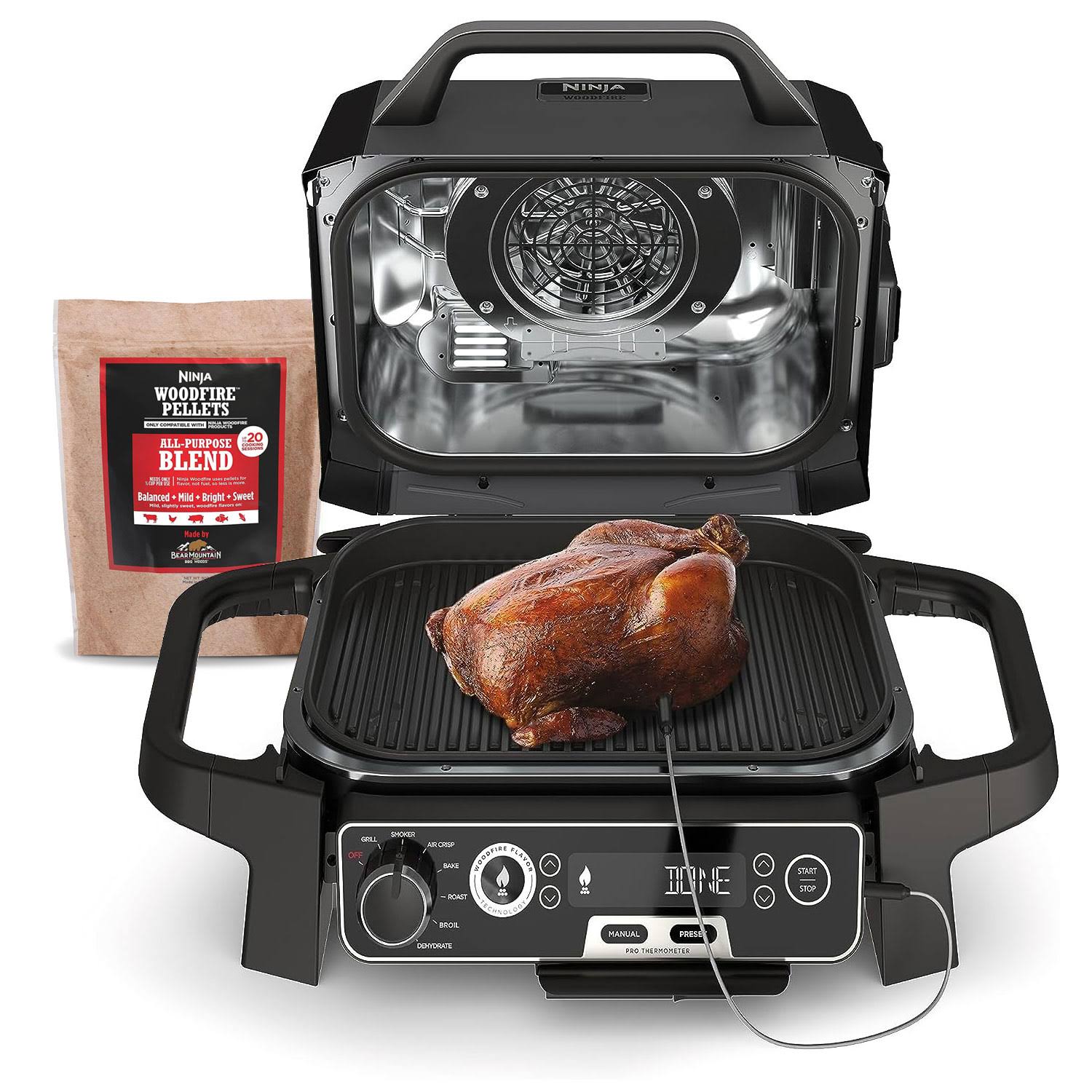 b1846acf641fa6624a64d670d761c73f8097c18b76b9833f56f83c3ca5ed6a38.jpg Ninja OG751 Woodfire Pro Outdoor Grill with Built-In Thermometer, 7-in-1 Master Grill, BBQ Smoker, & Outdoor Air Fryer Plus Bake, Roast, Dehydrate - Image 1