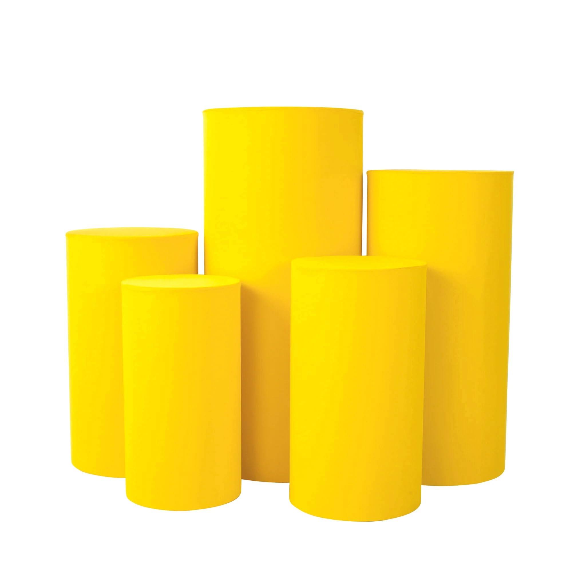 b18d1ca2bb5904d87a31ea33bb824e3f3c23aa4b11a5cda7dd345c27d61a3134.jpg 1 Set, Spandex Pillar Covers for Metal Cylinder Pedestal Stands 5 Pcs/Set - Canary Yellow Covers ONLY/Cylinder Pedestal Stands Not Included - Image 1