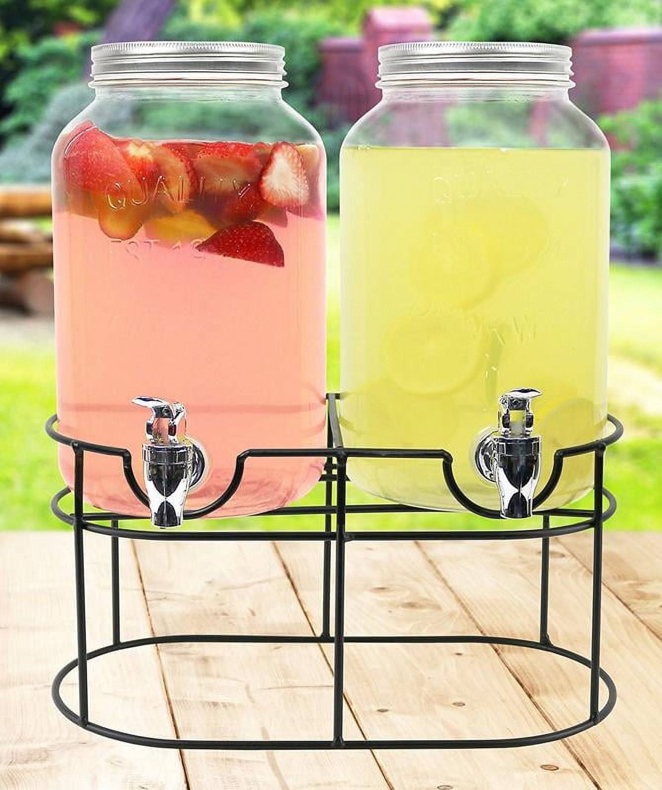 b1a23ce62fa2f559bcd4c86fb78009e1d229f21751266eb5428a1dce0004bf23.jpg Estilo 1 Gallon Glass Mason Jar Double Beverage Drink Dispenser on Metal Stand - Image 1
