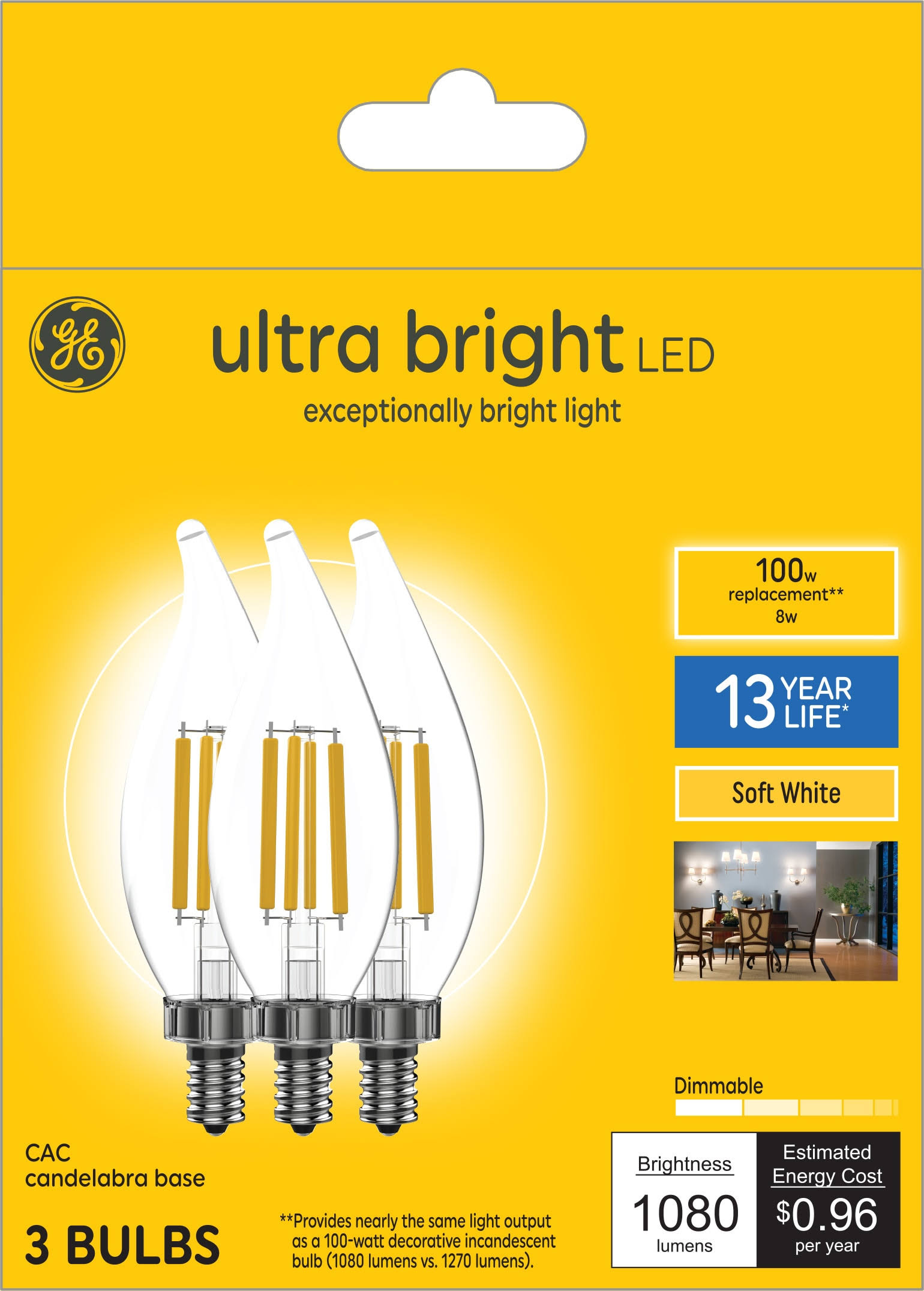 b1da0e6ef882f348fe2a1a827d46a4b0a359a676ab2006ea2edb188040a5633d.jpg GE Ultra Bright LED Light Bulbs, 100 Watt, Soft White, CA12 Small Base, Clear Finish, 3pk - Image 1